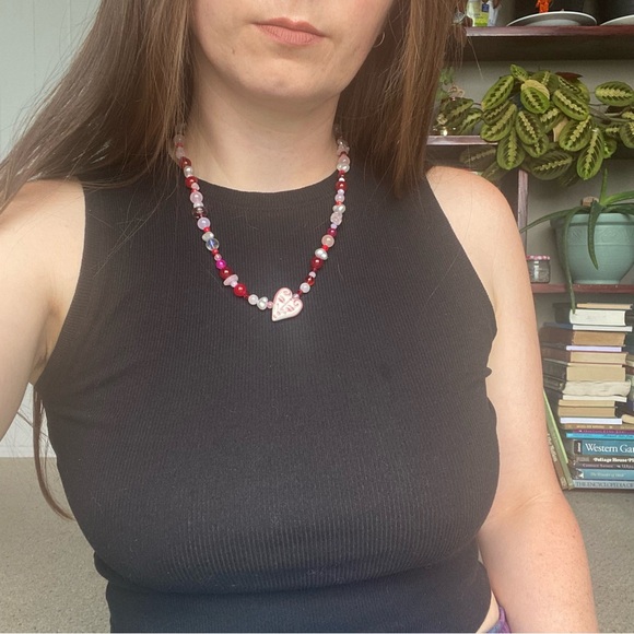 True Love Pink Red & White Beaded Necklace Ceramic Heart Face Pendant Pearl - Picture 9 of 13